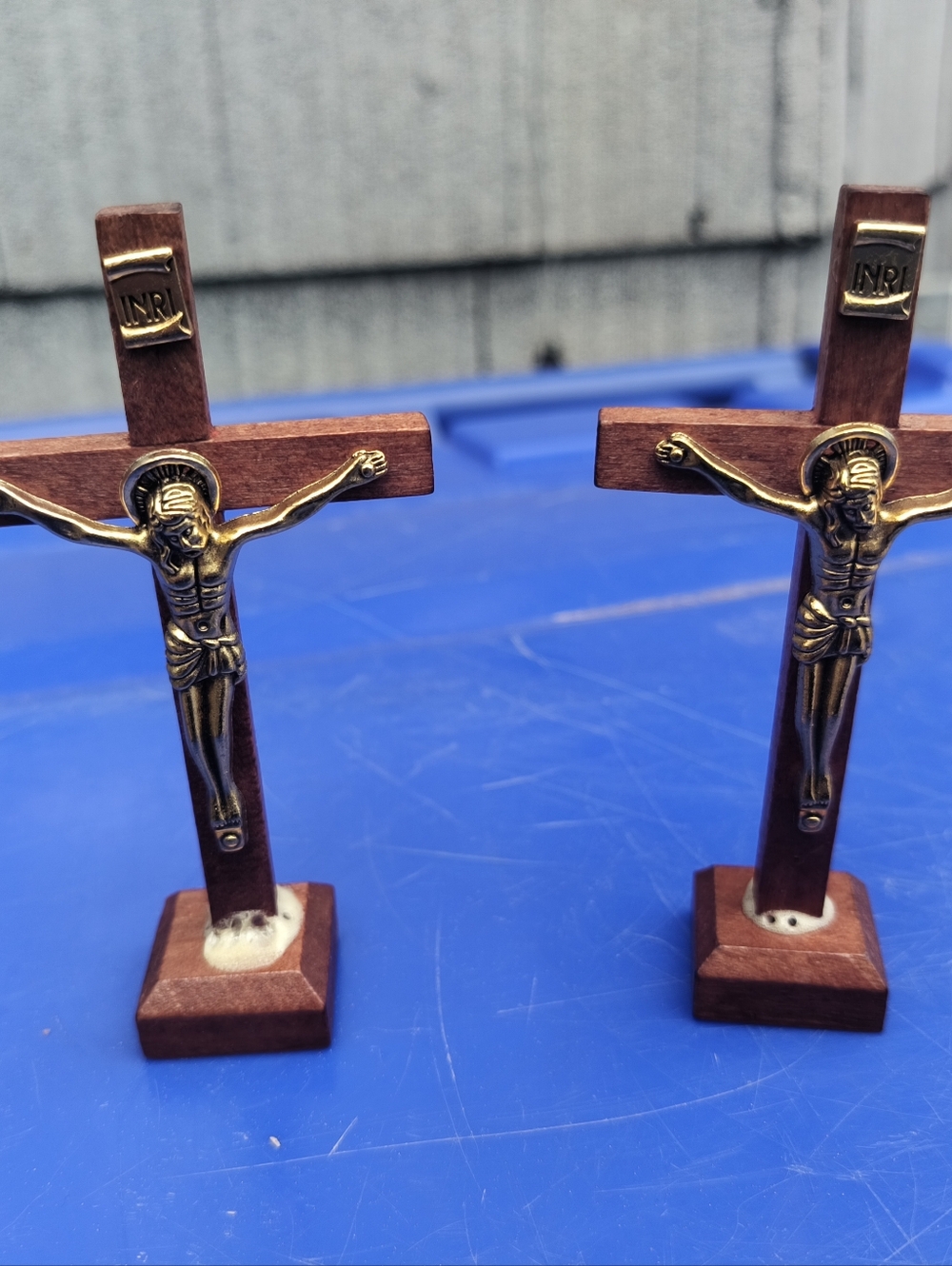 Wooden Crucifix Pair with Gold Toned Corpus - Brown 4 1/2 Tall Me Miniature